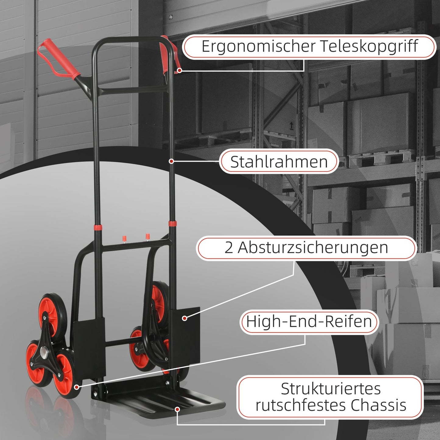 Folding stair climber hand truck, steel, 150 kg Capacity