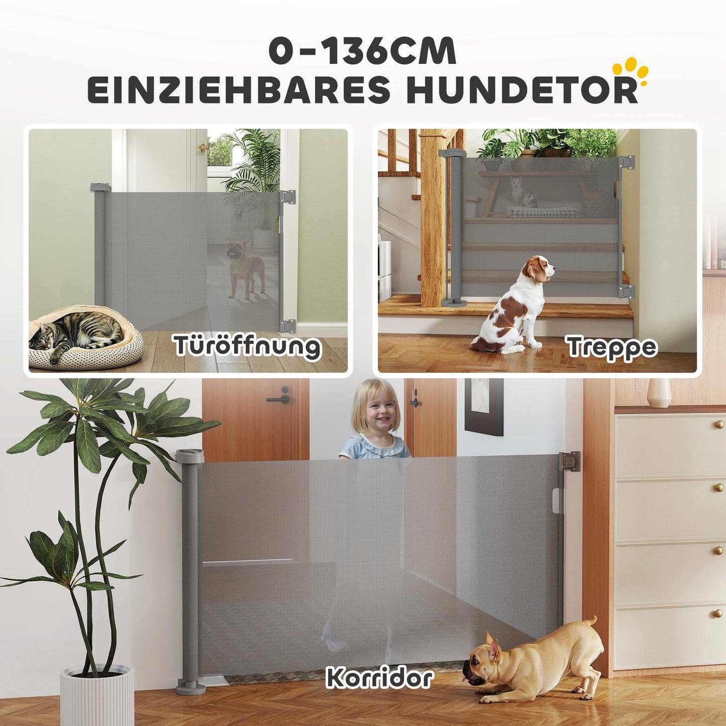 Retractable Pet Gate, Extendable 0-136cm, 87cm High