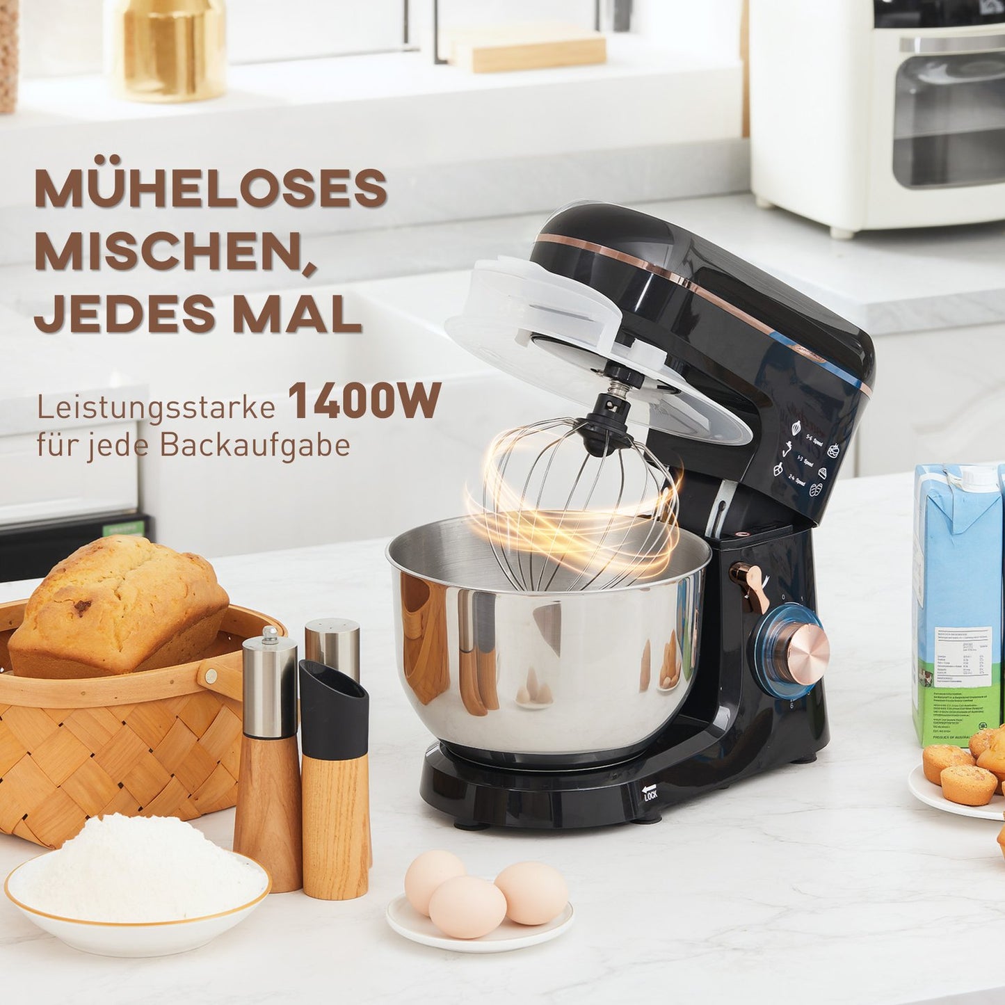 Stand Mixer, 6 Speeds, 5.5L Stainless Bowl, Black