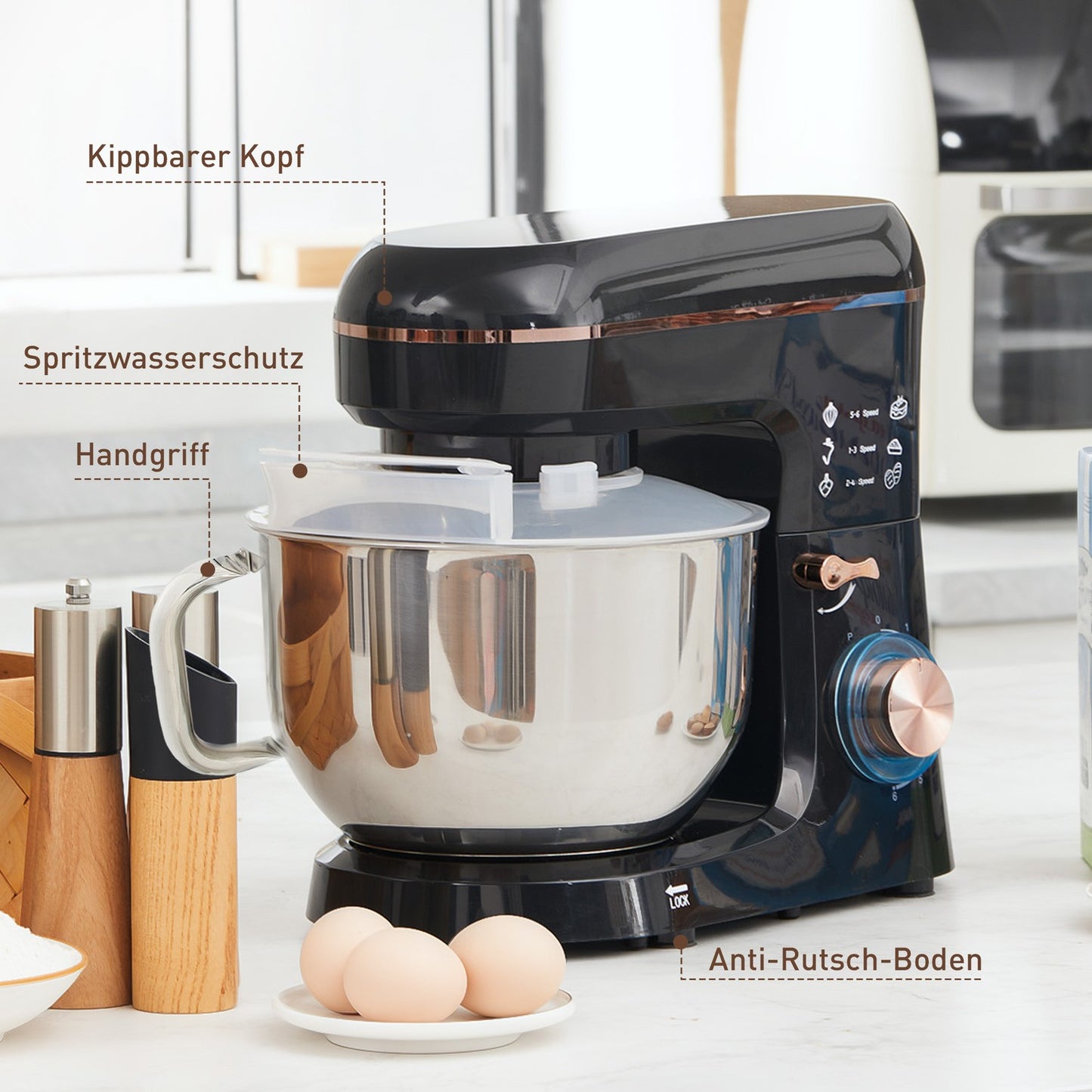 Stand Mixer, 6 Speeds, 5.5L Stainless Bowl, Black