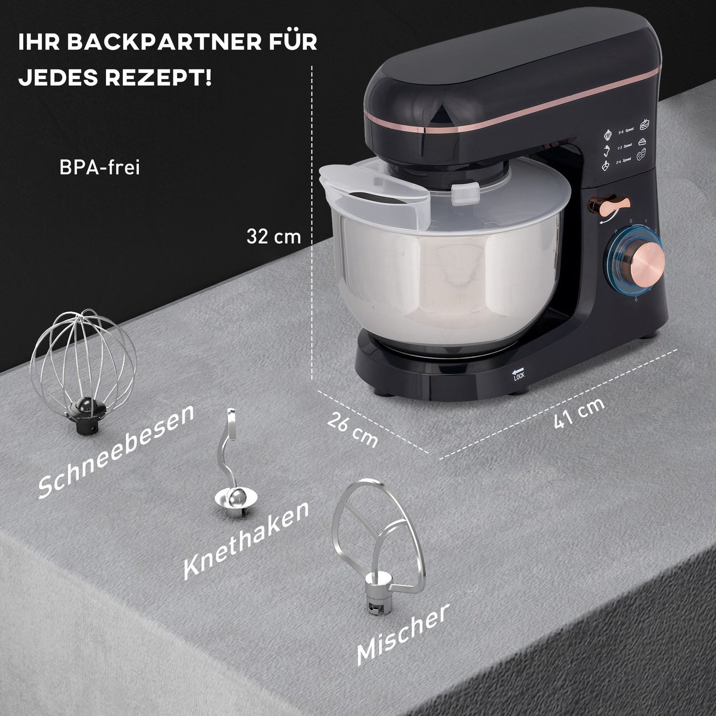 Stand Mixer, 6 Speeds, 5.5L Stainless Bowl, Black