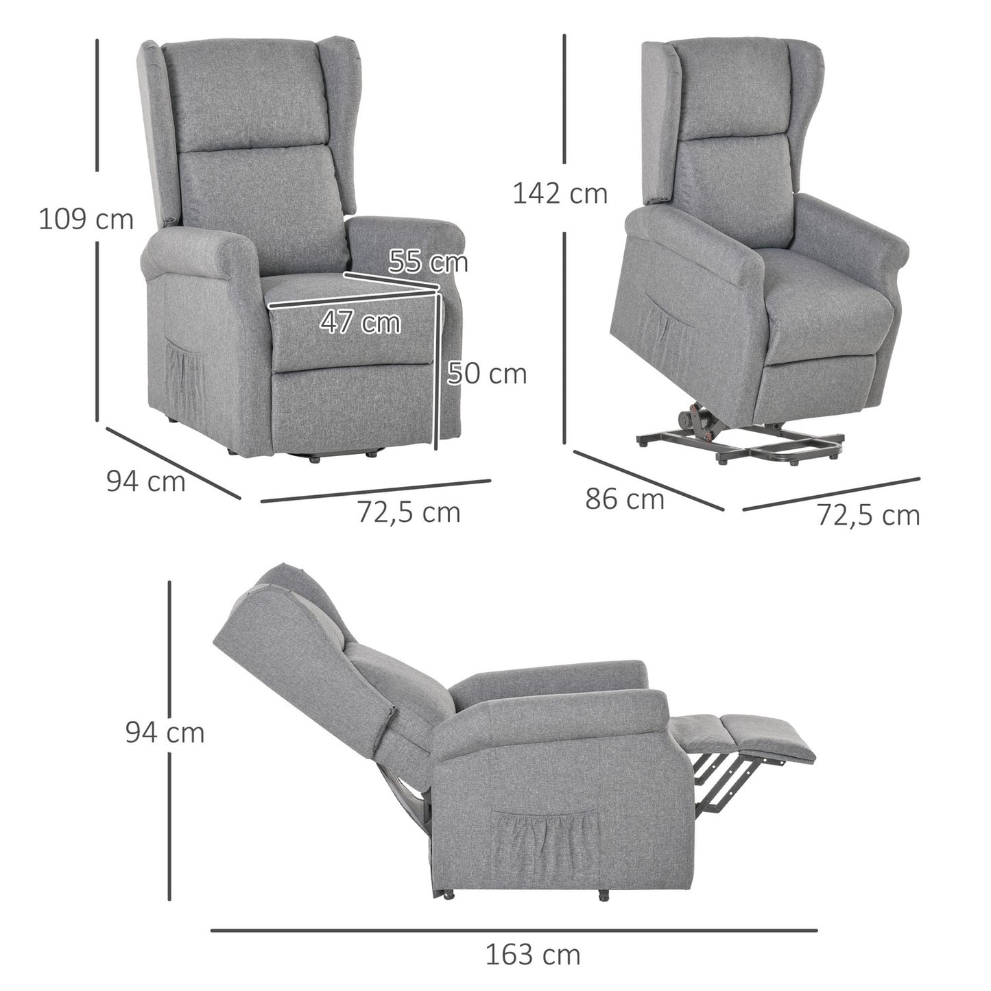 Electric recliner with standing aid, gray linen