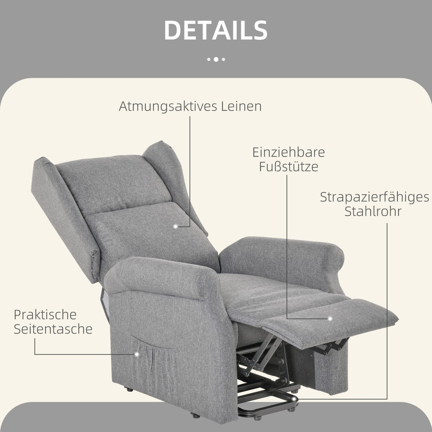 Electric recliner with standing aid, gray linen