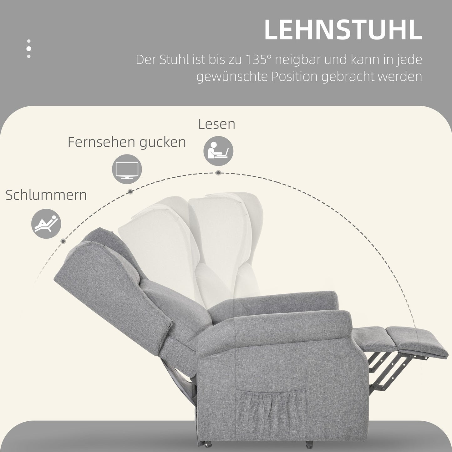 Electric recliner with standing aid, gray linen