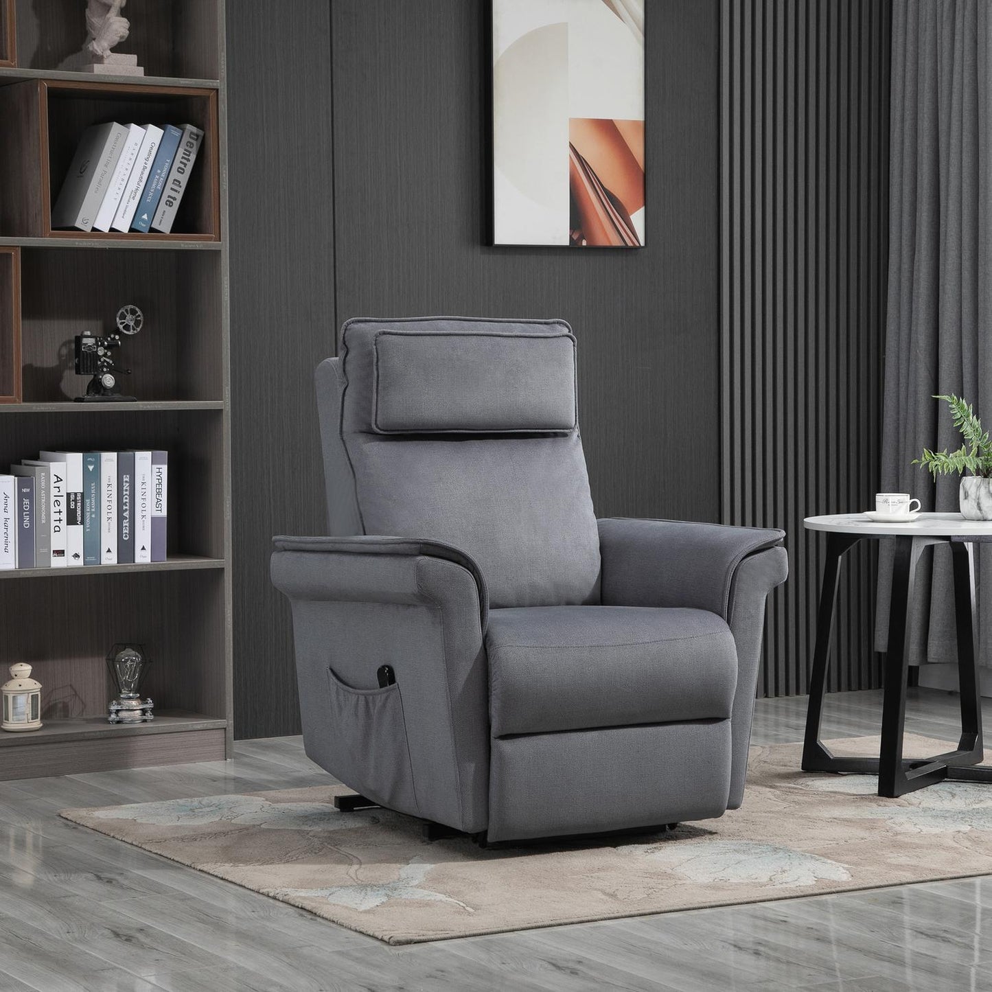 Electric recliner with standing aid, gray linen