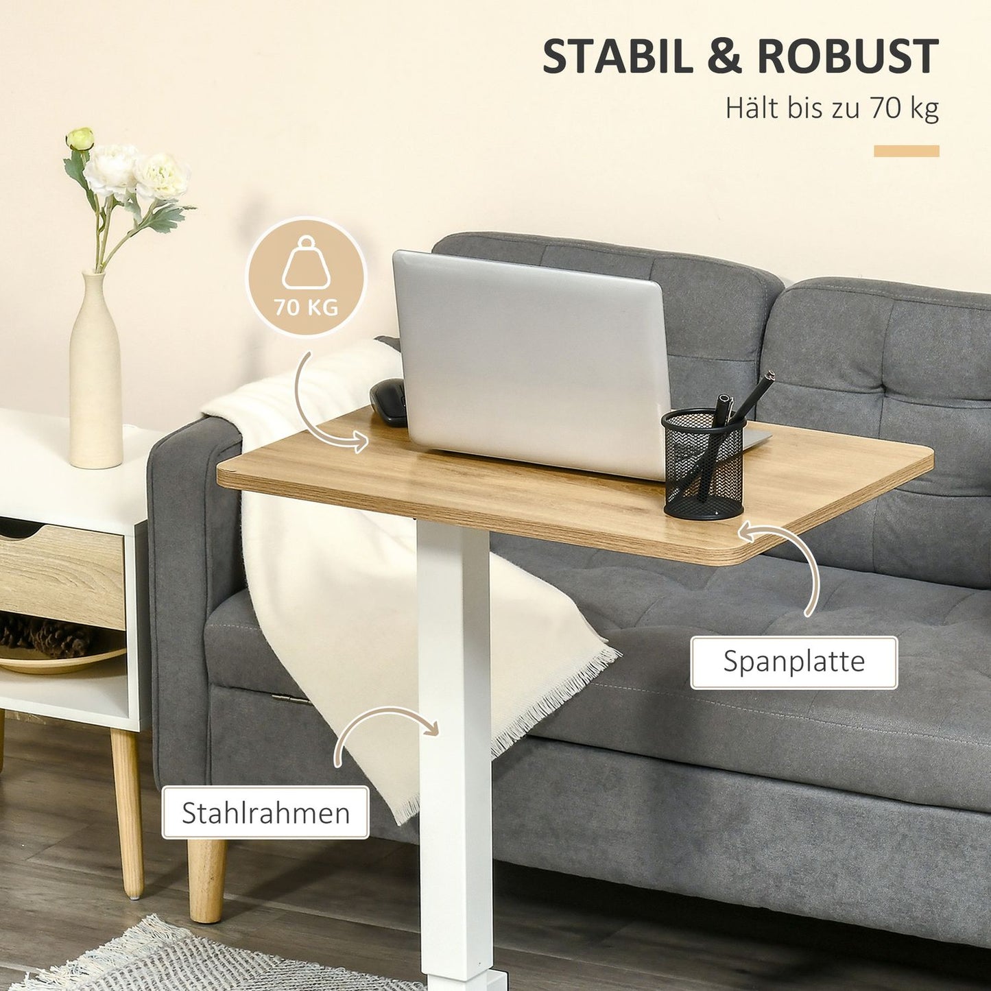 Height-adjustable standing desk, wheels, C-shape, 70-110 cm