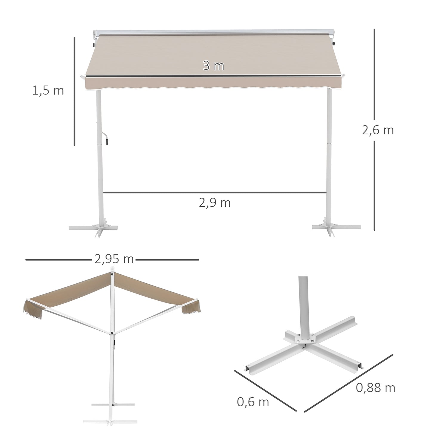 Beige Patio Awning With Folding Arm 3x3M