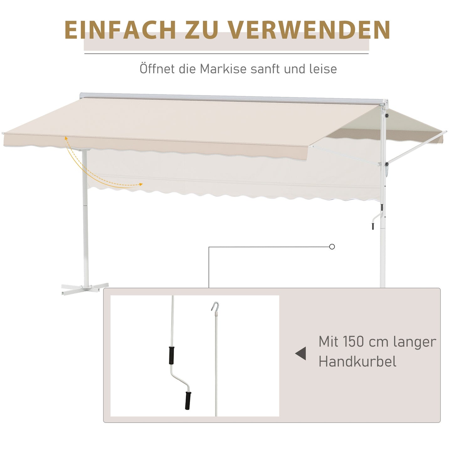 Beige folding patio awning, crank operated, 4.5x3.4M