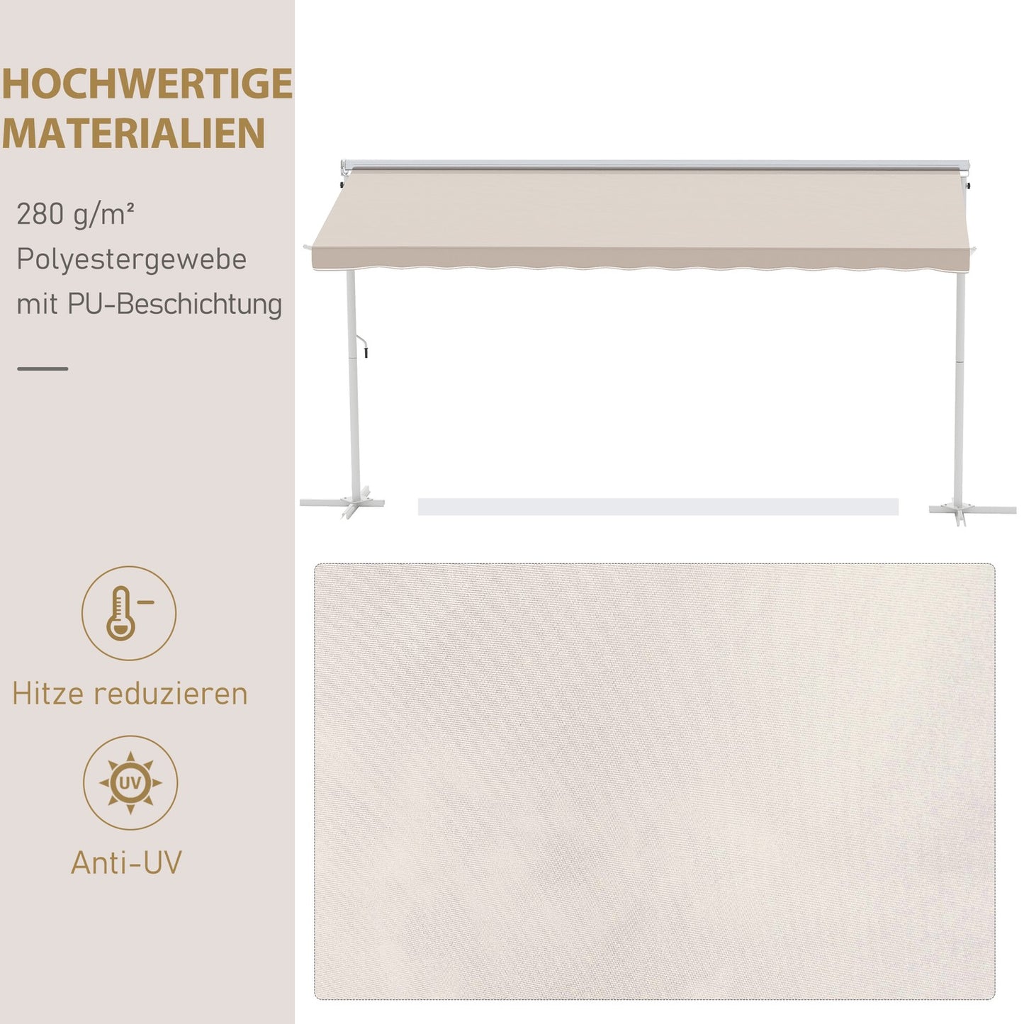 Beige folding patio awning, crank operated, 4.5x3.4M