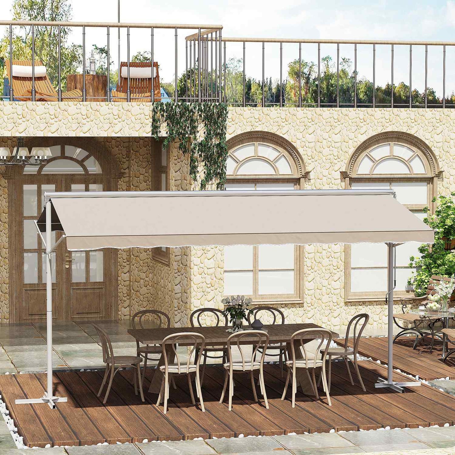 Beige folding patio awning, crank operated, 4.5x3.4M