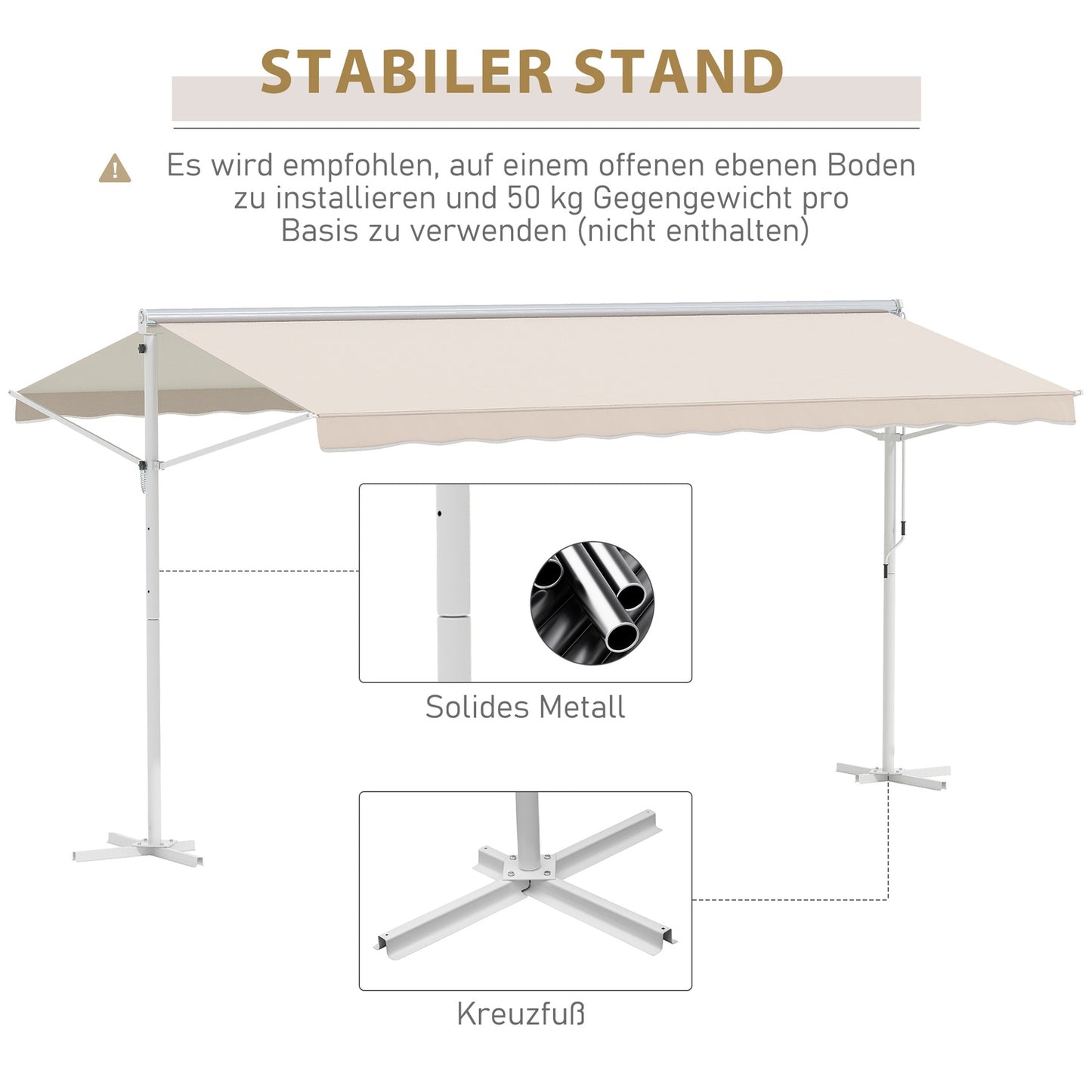 Beige folding patio awning, crank operated, 4.5x3.4M