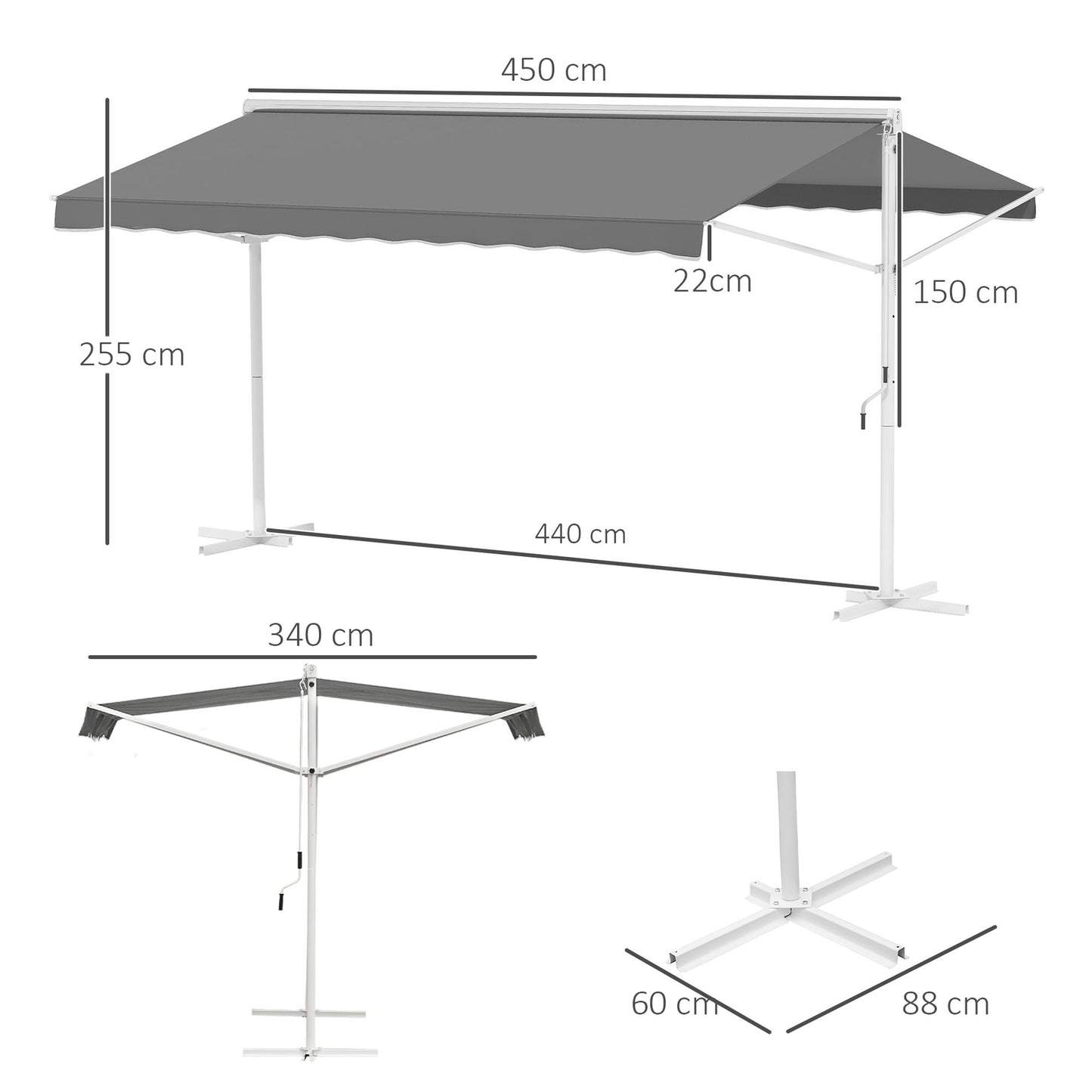 Patio Garden awning with folding arm, 4.5x3.4M, Grey