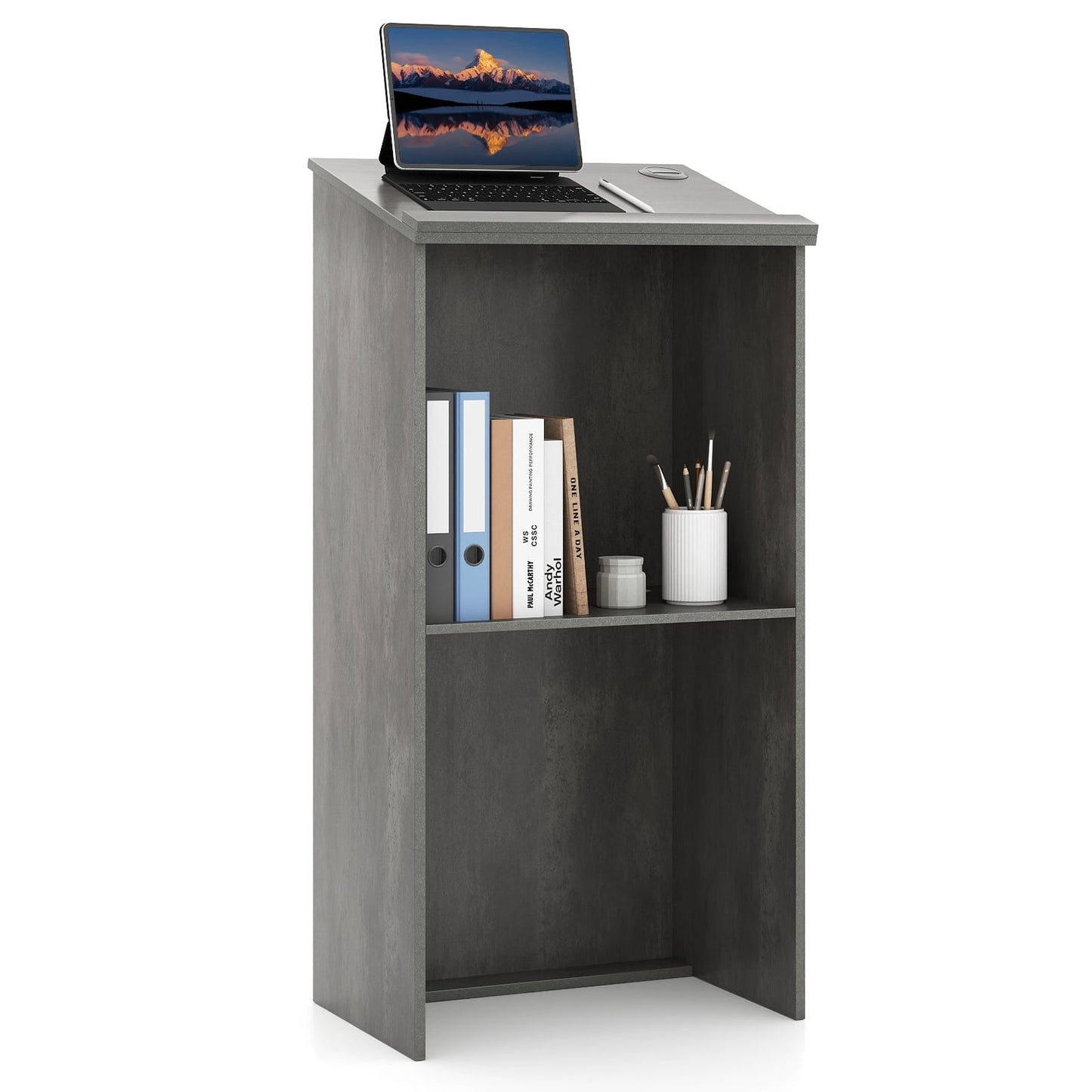 Standing Desk Podium with Shelf & Cable Management, Gray