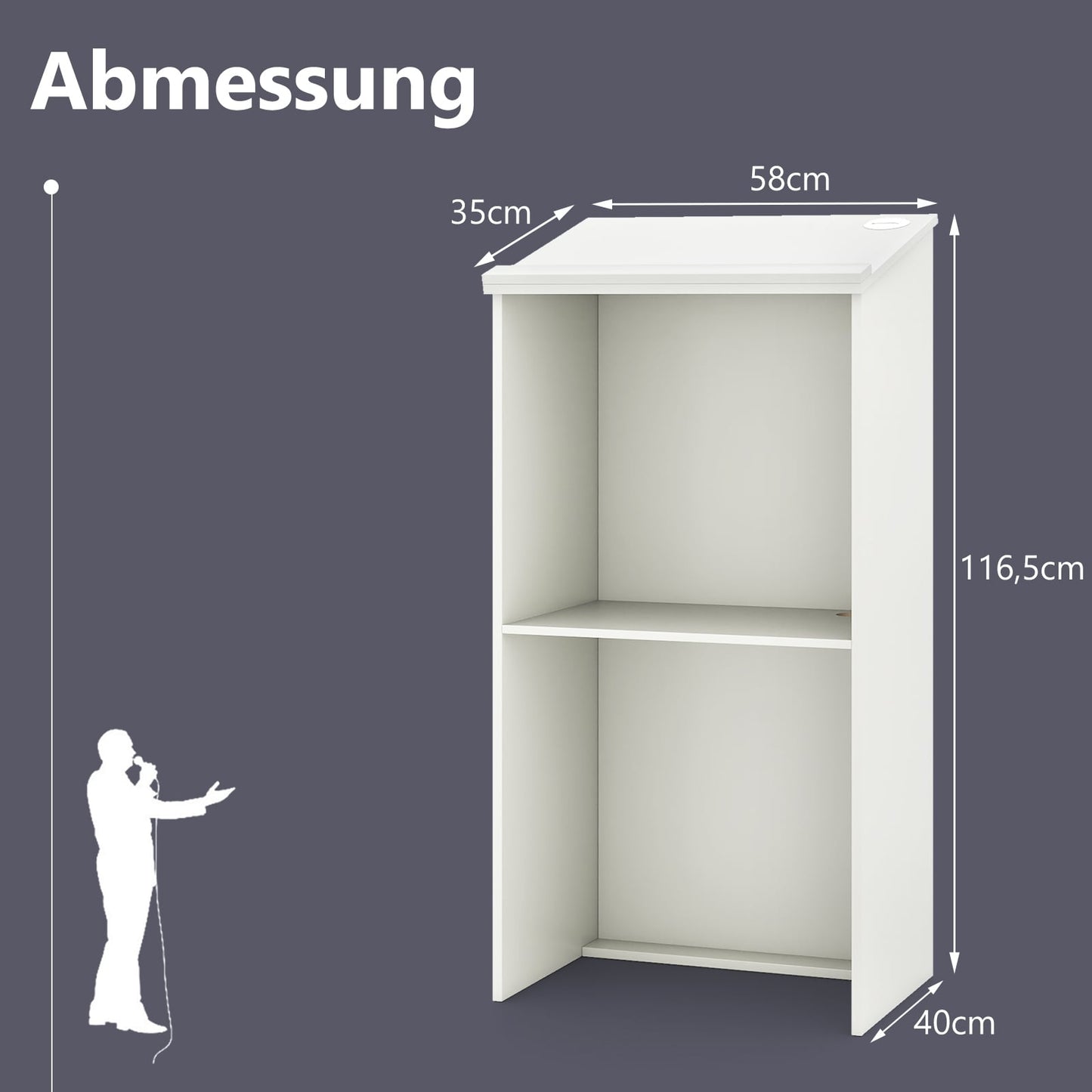 Standing Lectern with Shelf and Cable Management, White