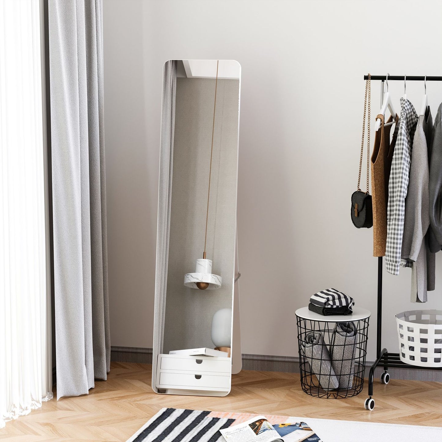 Full length standing mirror, folding frame, wall mountable