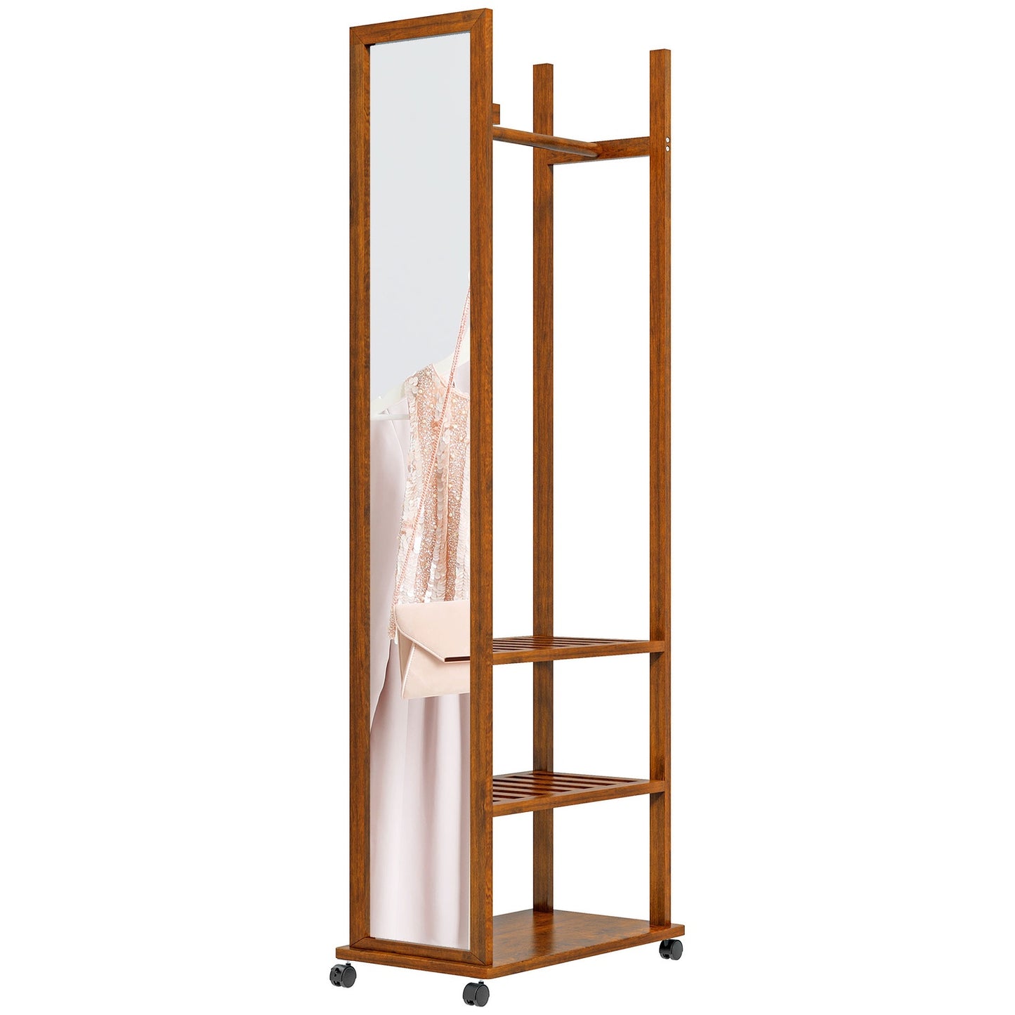 Standing full-length mirror with wheels, walnut finish