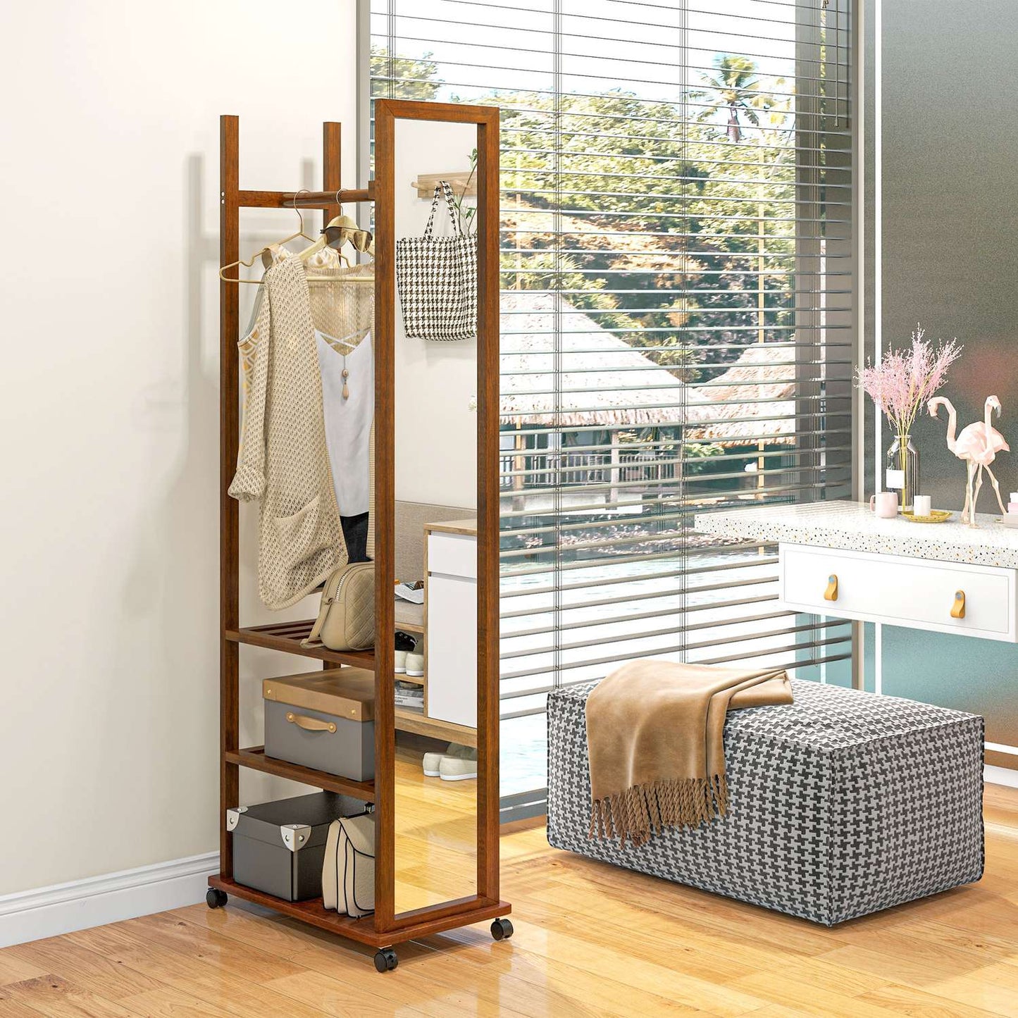 Standing full-length mirror with wheels, walnut finish