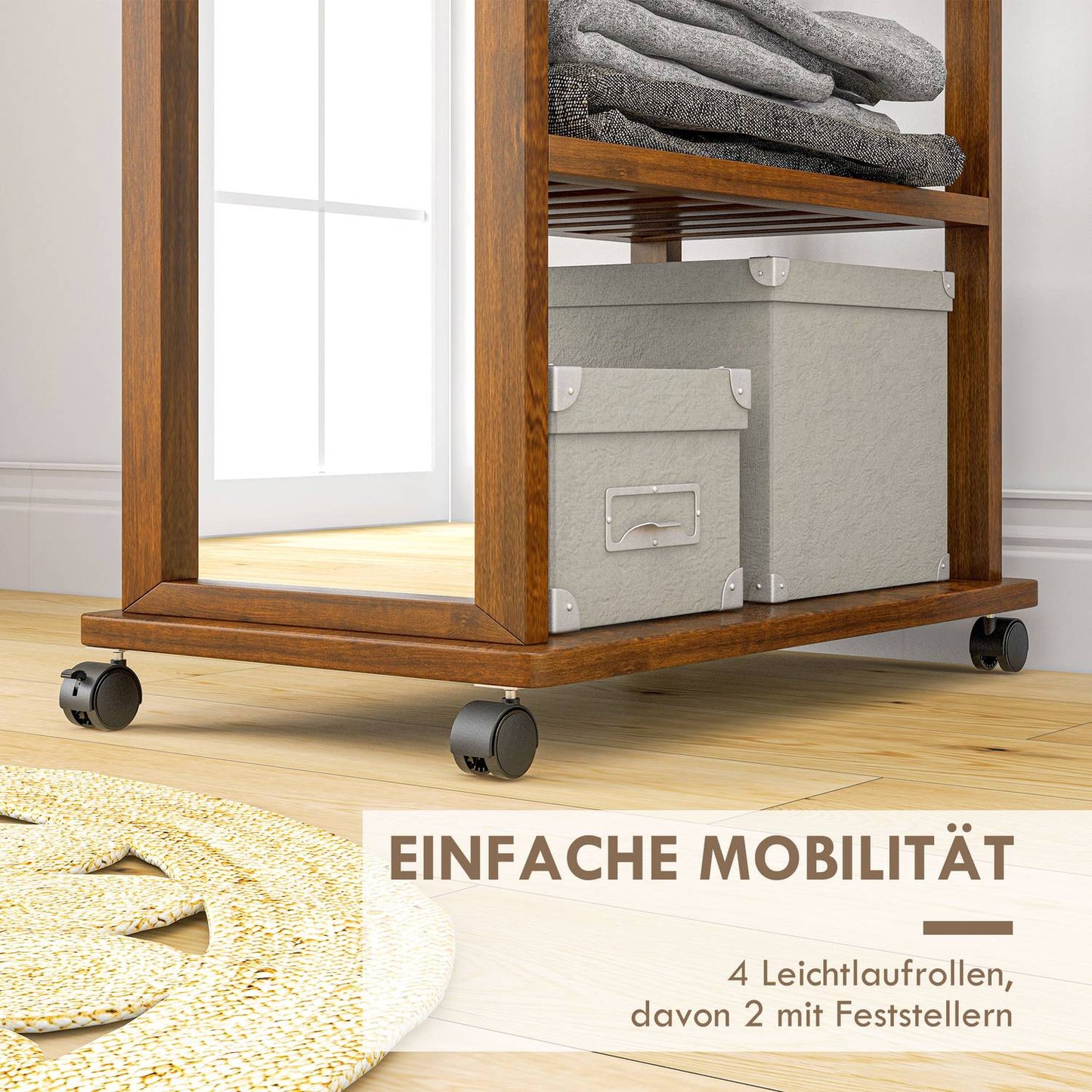 Standing full-length mirror with wheels, walnut finish