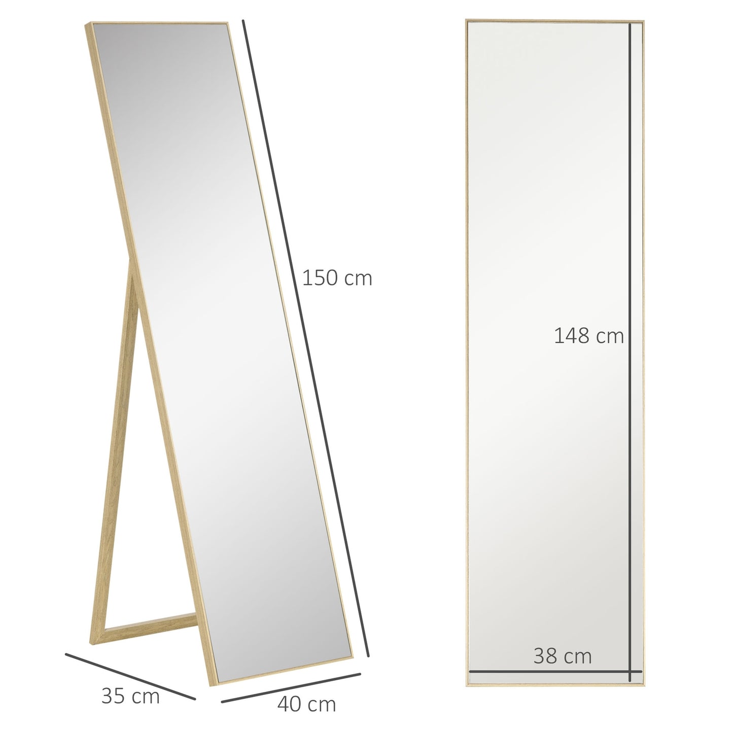 Full-length standing mirror, wood grain, silver/light brown