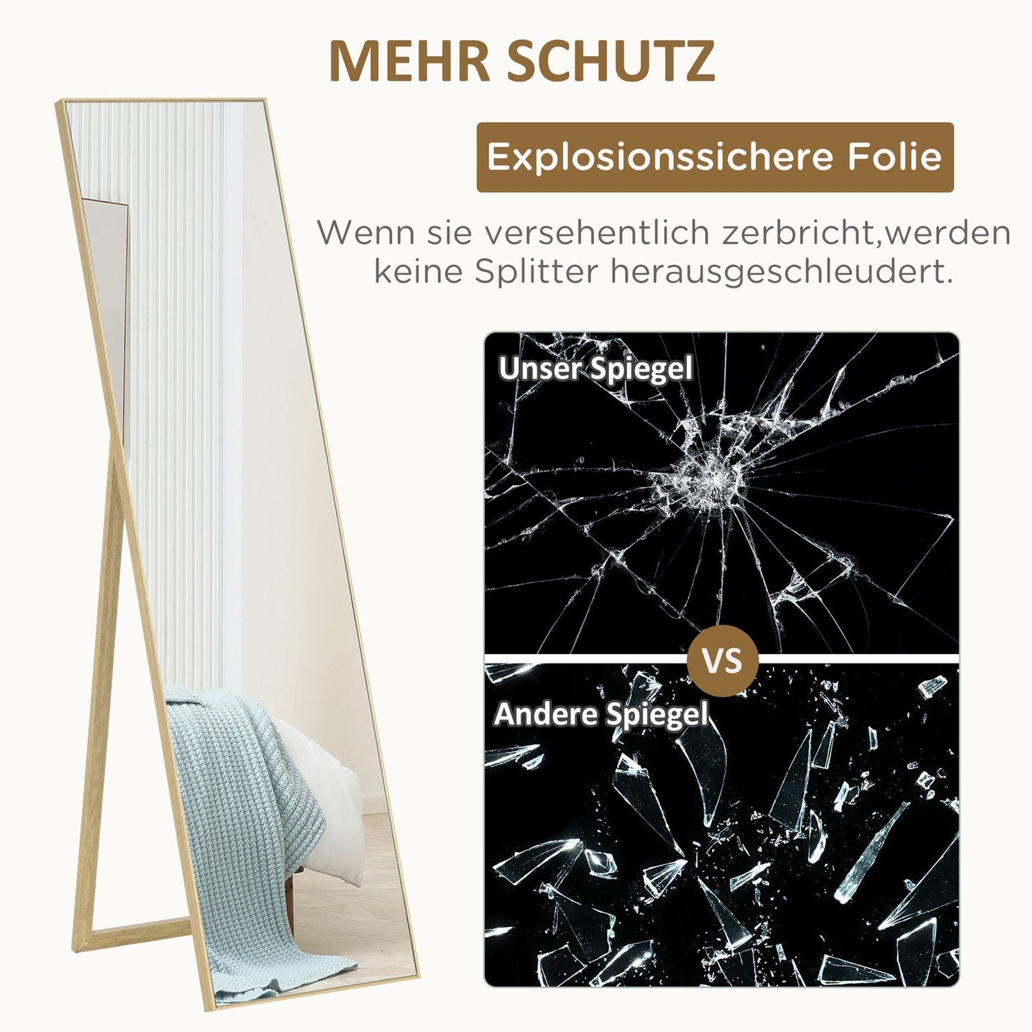 Full-length standing mirror, wood grain, silver/light brown