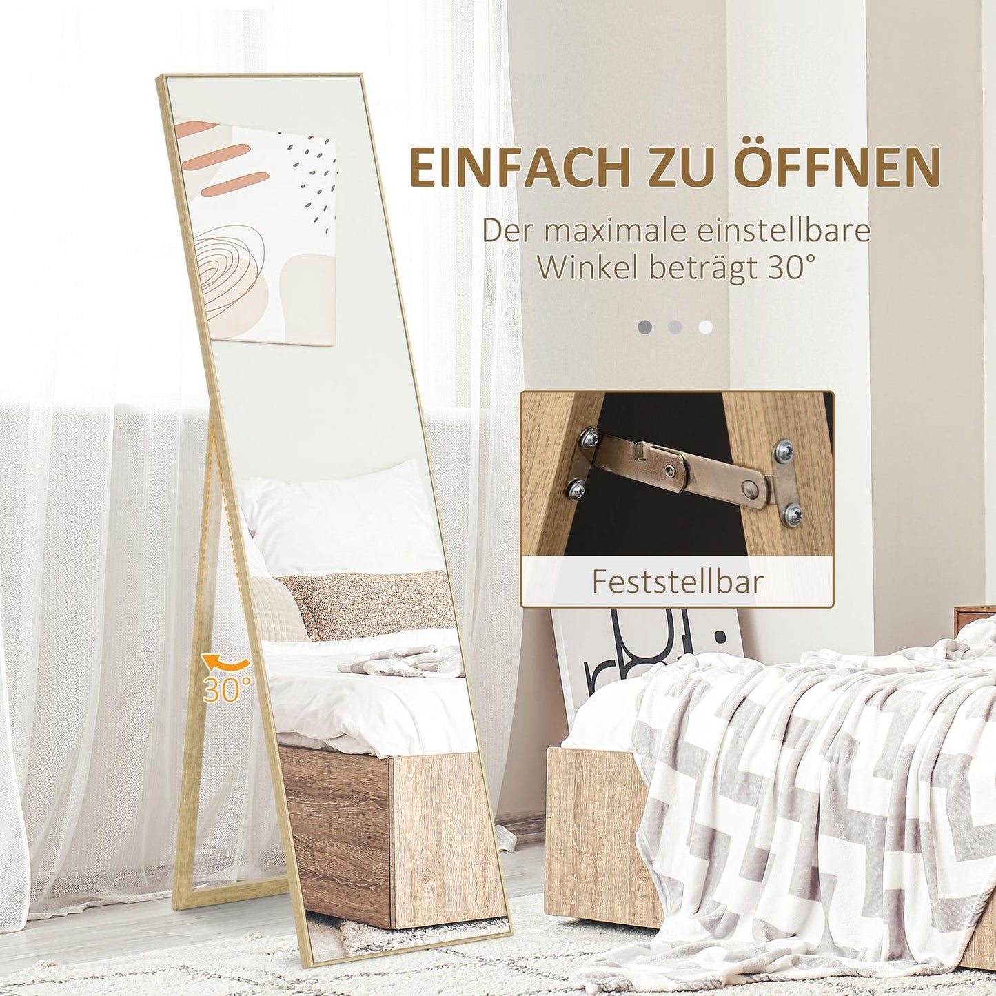 Full-length standing mirror, wood grain, silver/light brown