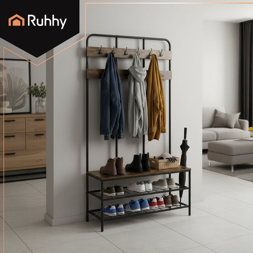 Standing Shelf with Hanger, 182cm, Metal Frame, 12 Hooks