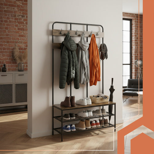 Standing Shelf with Hanger, 182cm, Metal Frame, 12 Hooks