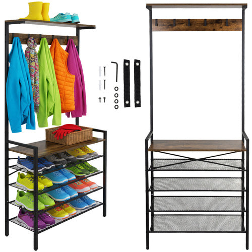 Standing Shelf with Hanger – Metal Frame, 4 Shelves, 5 Hooks