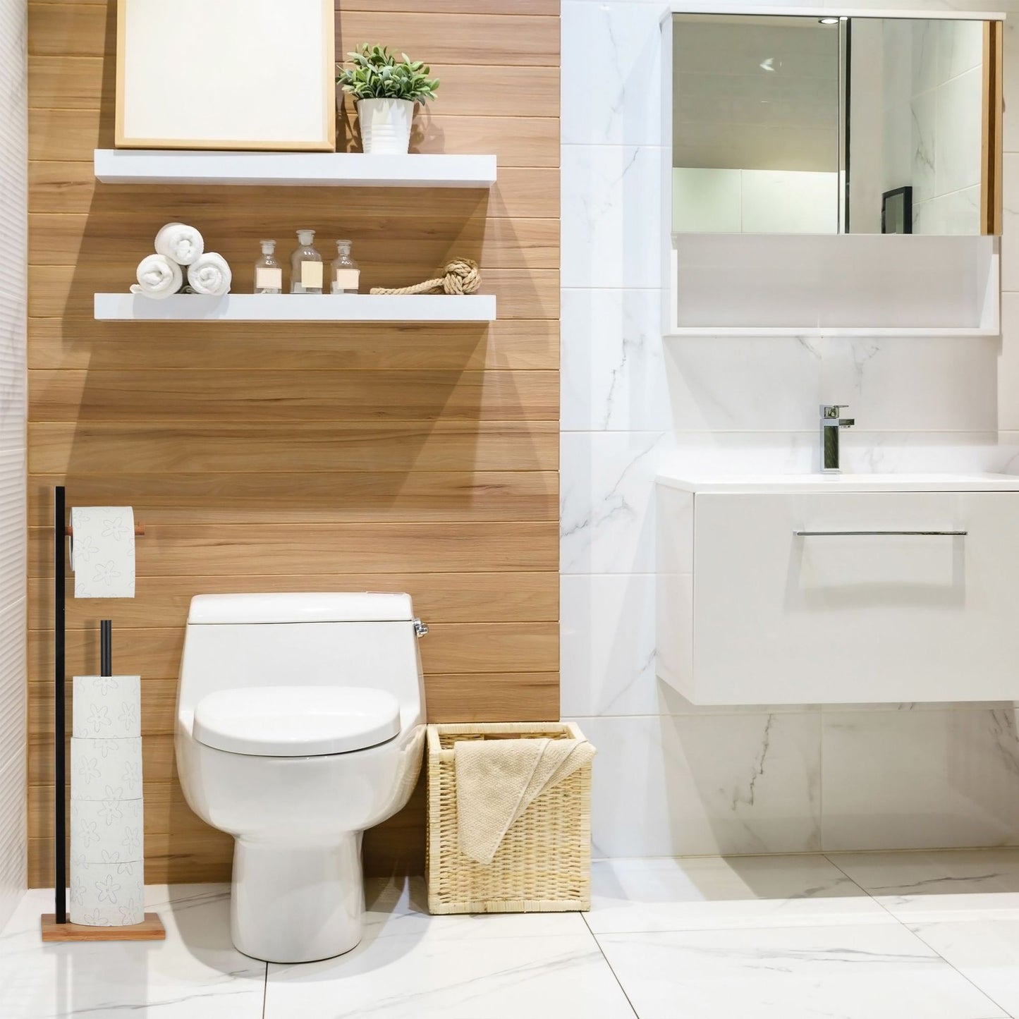 Standing bamboo toilet paper holder