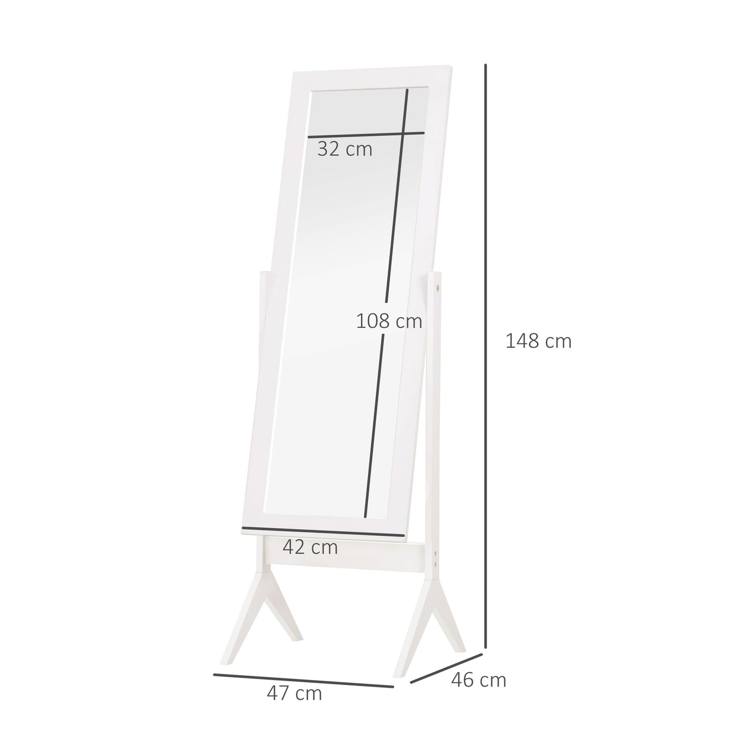 Tall full-length mirror with stand, MDF, white, 47x46x148cm