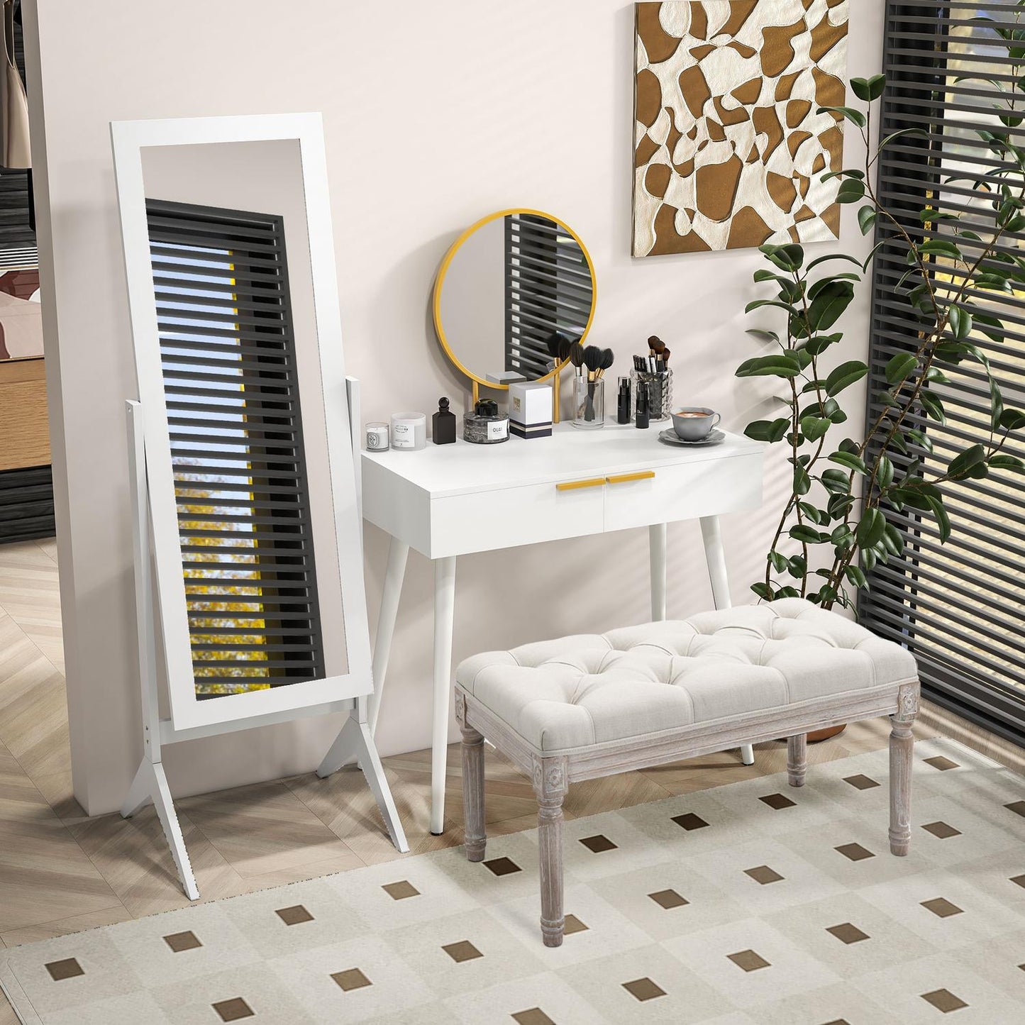 Tall full-length mirror with stand, MDF, white, 47x46x148cm