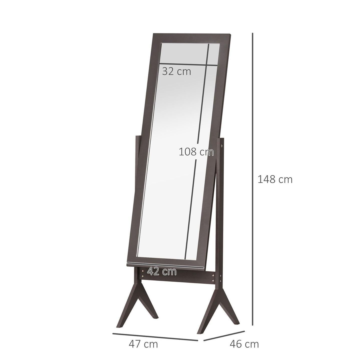 Standing full-length mirror, easy-care MDF, 47x46x148 cm