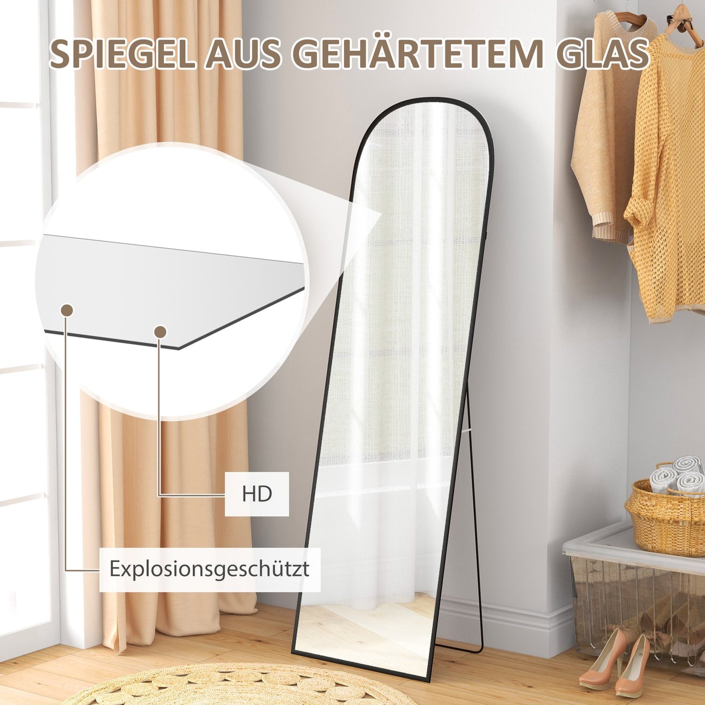 Full-Length Black Mirror, Aluminum Frame, 50x170 cm