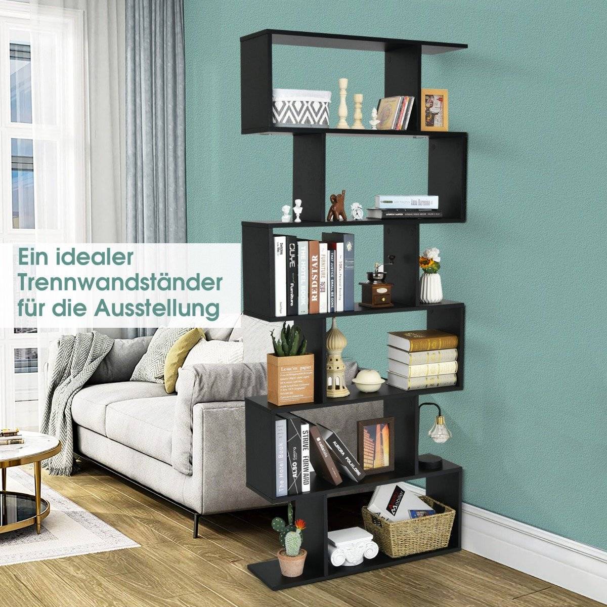 Standing shelf 6 levels S-shape bookcase storage shelf wood color choice black
