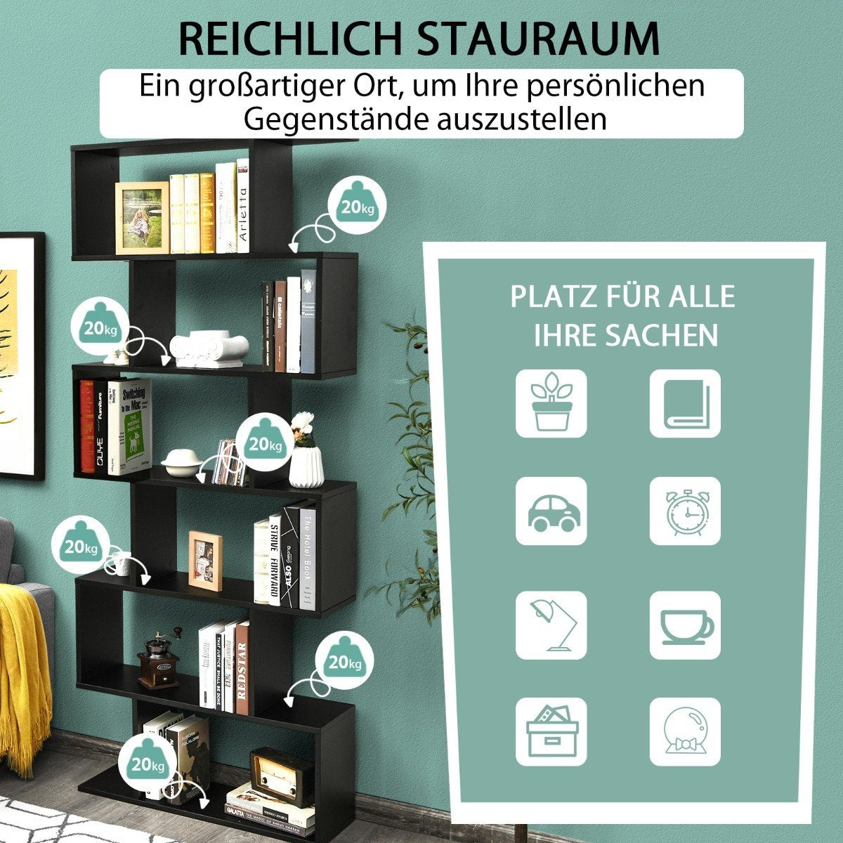 Standing shelf 6 levels S-shape bookcase storage shelf wood color choice black