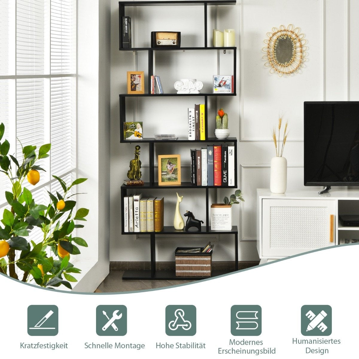 Standing shelf 6 levels S-shape bookcase storage shelf wood color choice black