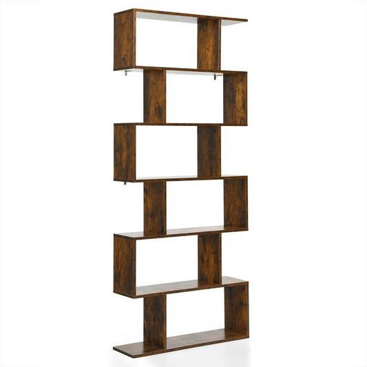 Standing shelf 6 levels S-shape bookcase storage shelf wood color choice brown