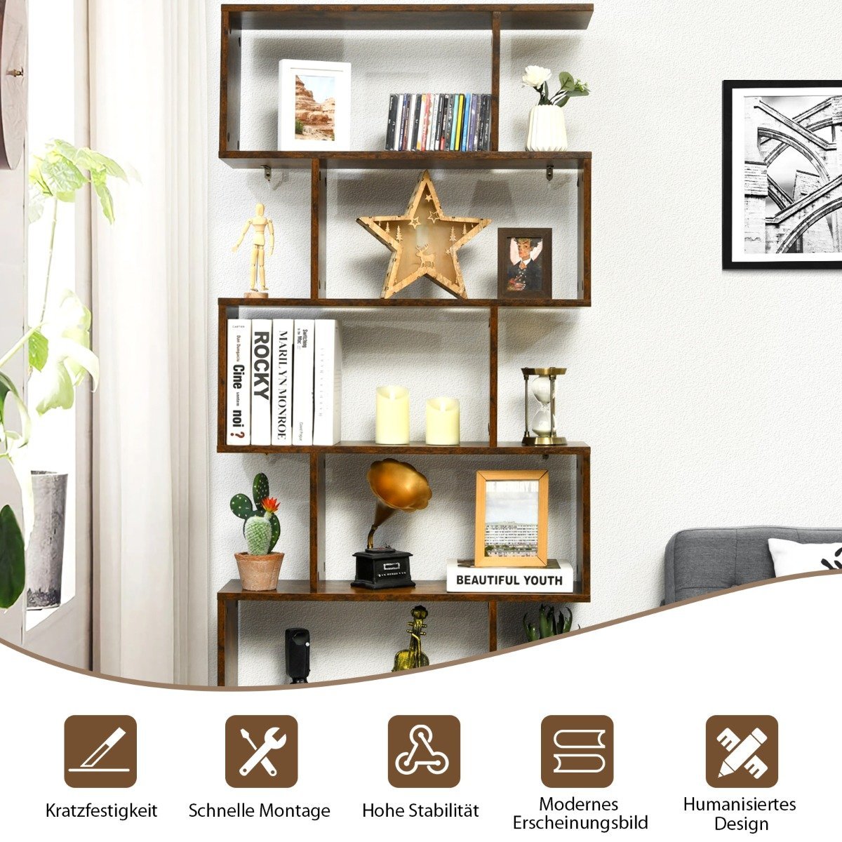 Standing shelf 6 levels S-shape bookcase storage shelf wood color choice brown