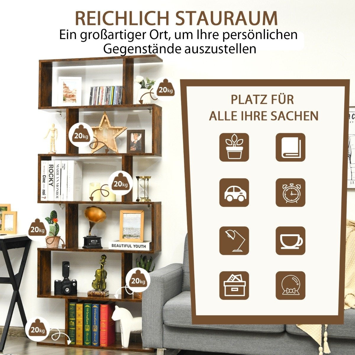 Standing shelf 6 levels S-shape bookcase storage shelf wood color choice brown