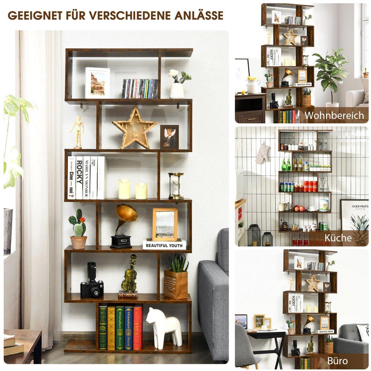 Standing shelf 6 levels S-shape bookcase storage shelf wood color choice brown