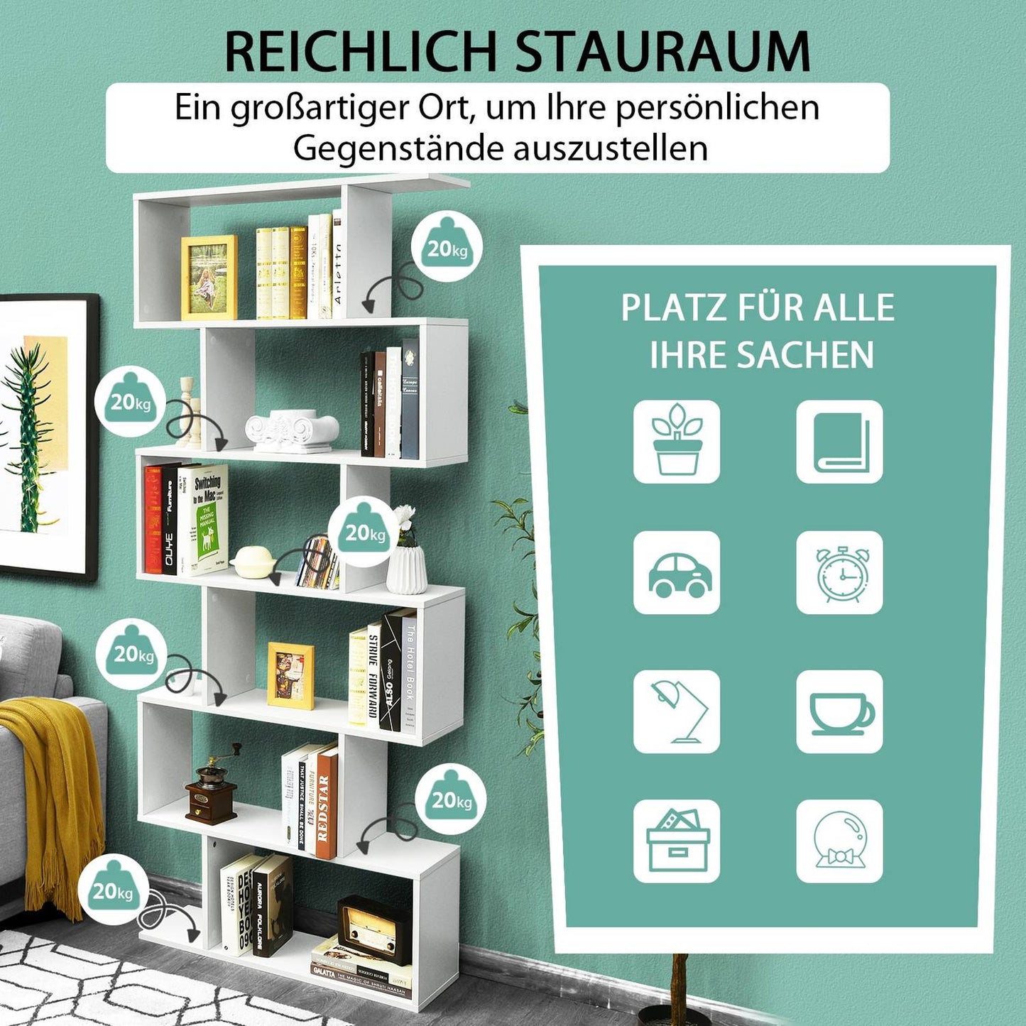 Standing shelf 6 levels S-shape bookcase storage shelf wood color choice white