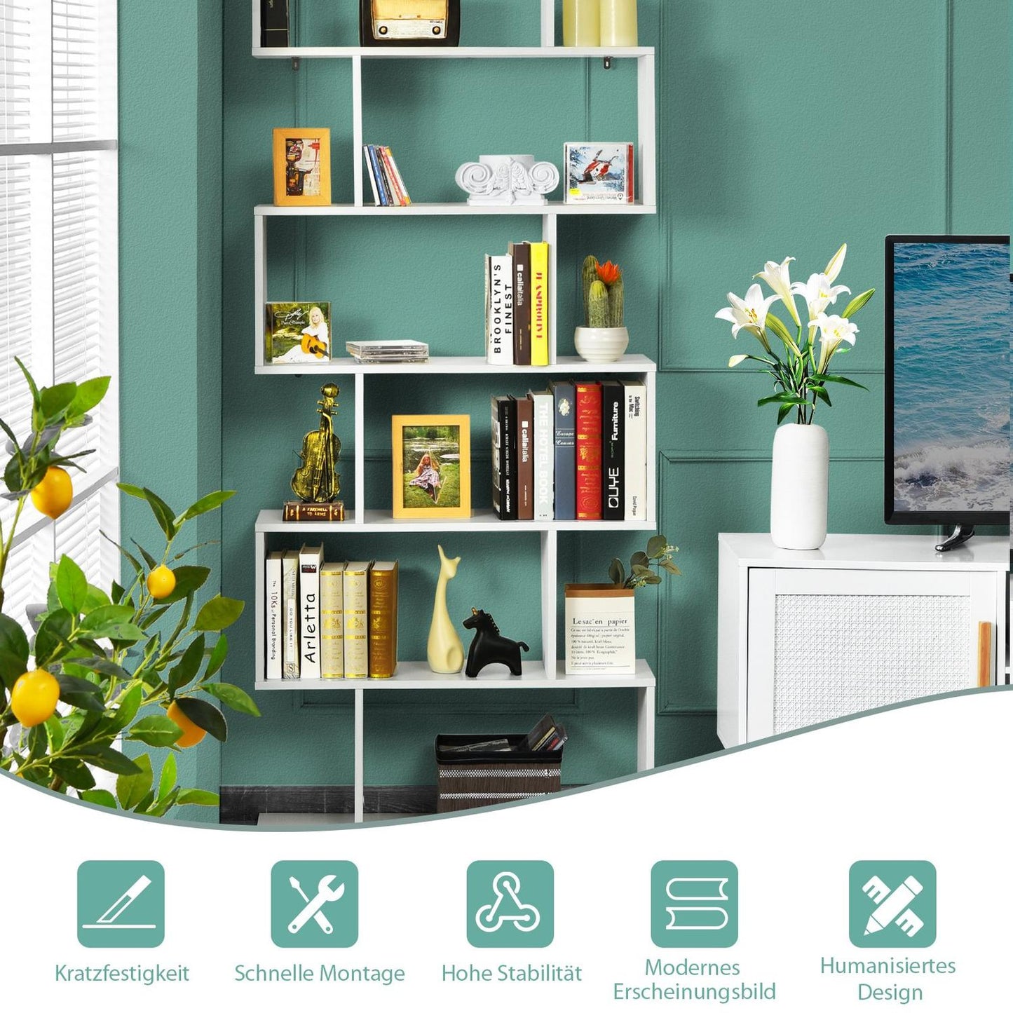 Standing shelf 6 levels S-shape bookcase storage shelf wood color choice white