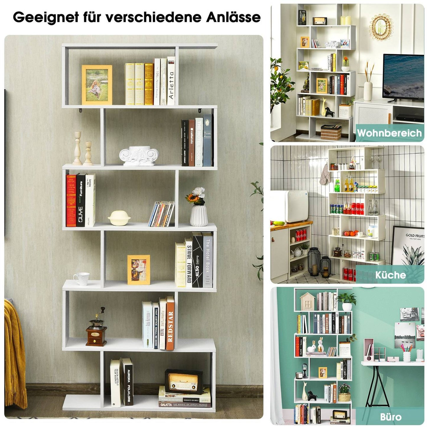 Standing shelf 6 levels S-shape bookcase storage shelf wood color choice white