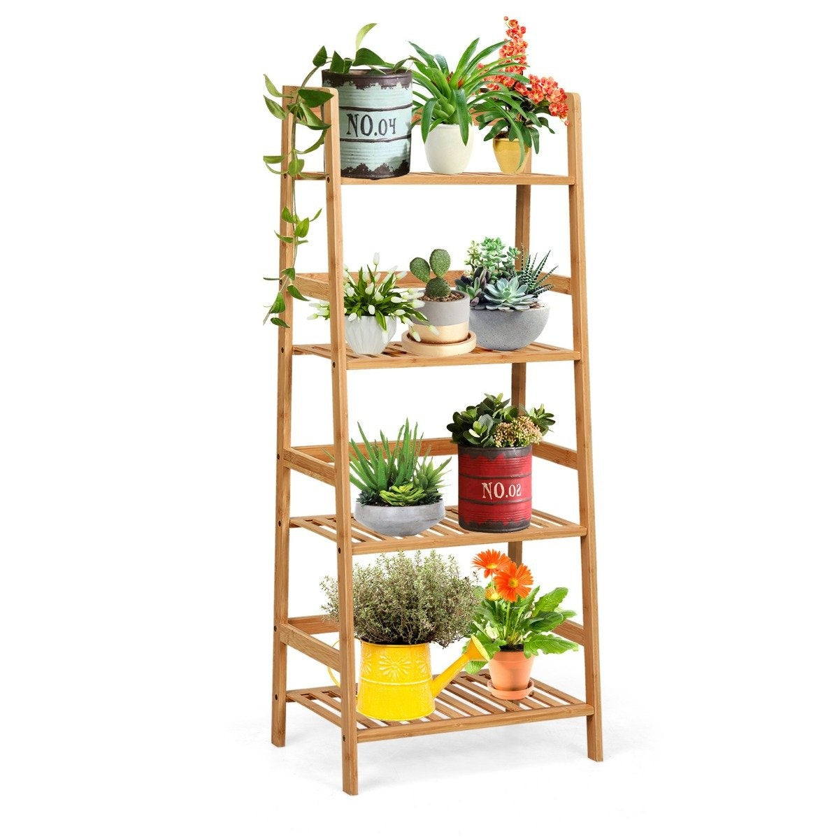 Standing shelf with 4 levels ladder shelf made of bamboo bookcase plant shelf balcony shelf 48 x 32 x 115 cm natural