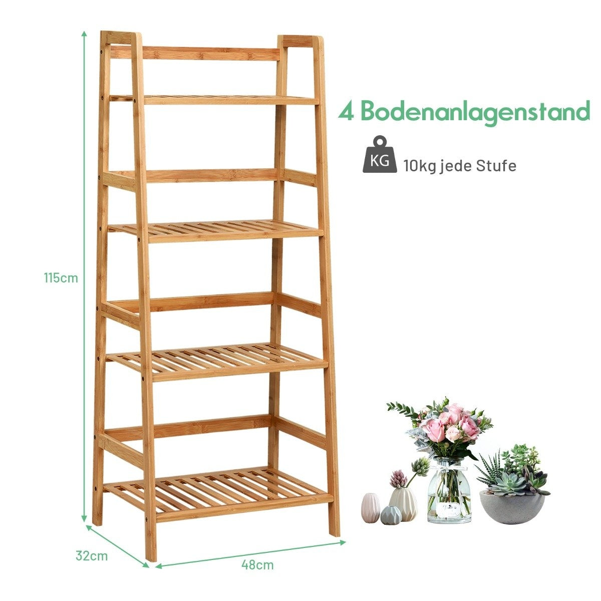 Standing shelf with 4 levels ladder shelf made of bamboo bookcase plant shelf balcony shelf 48 x 32 x 115 cm natural