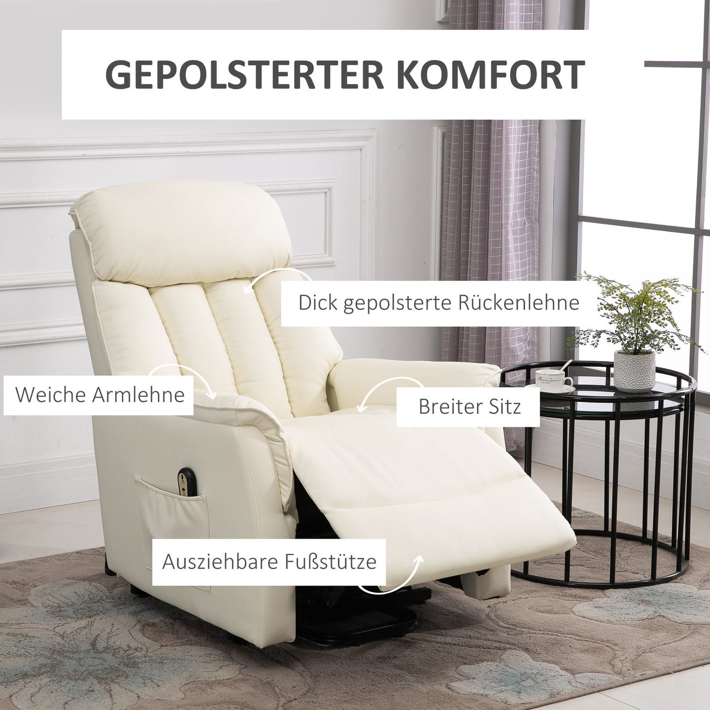 Electric recliner, leather beige in artificial leather