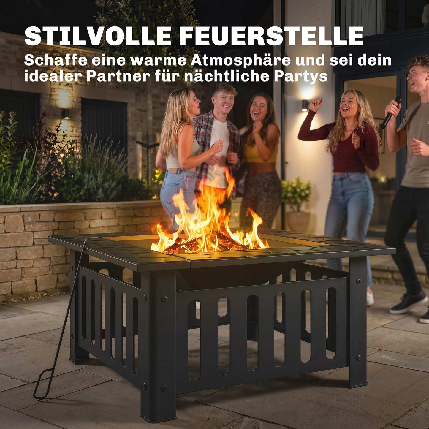 Steel Fire Pit with Spark Guard and Poker for Outdoor BBQ