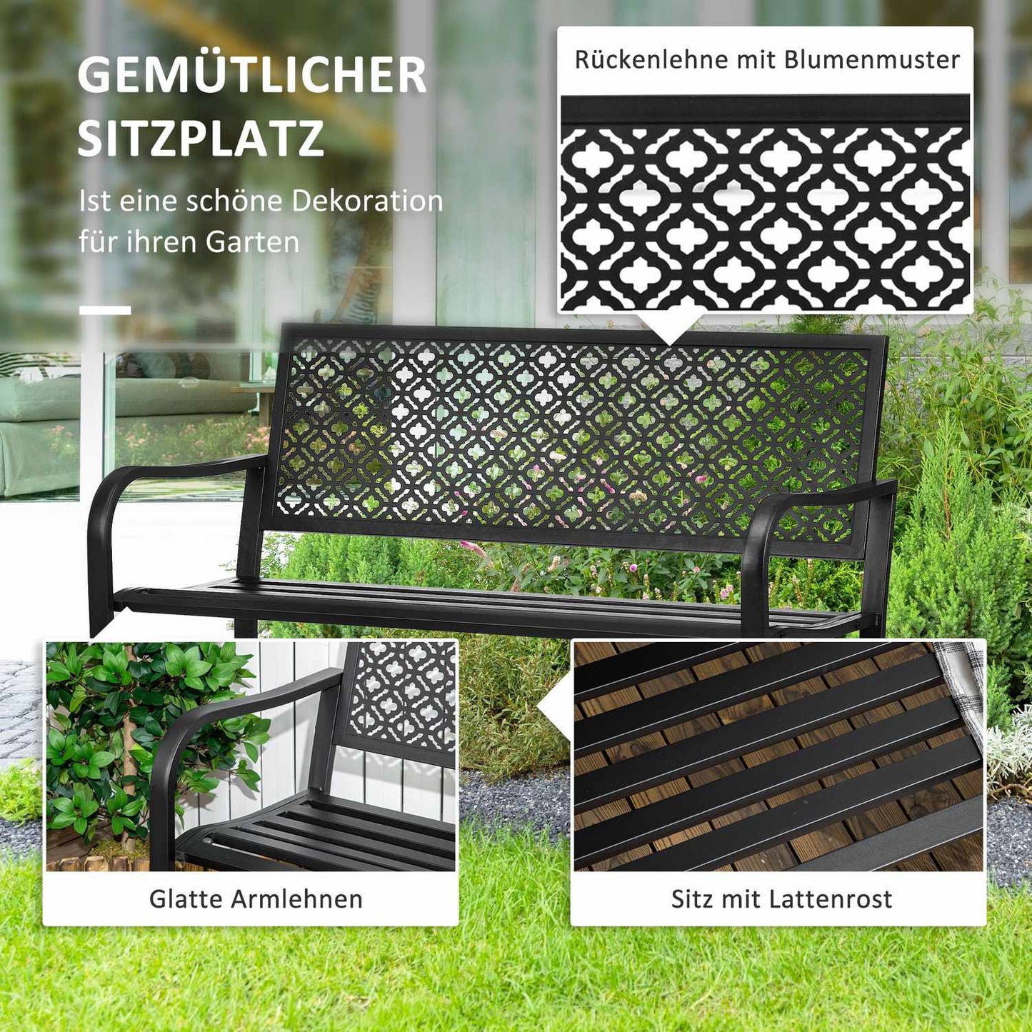 2-seater garden bench in steel with armrests, flower pattern