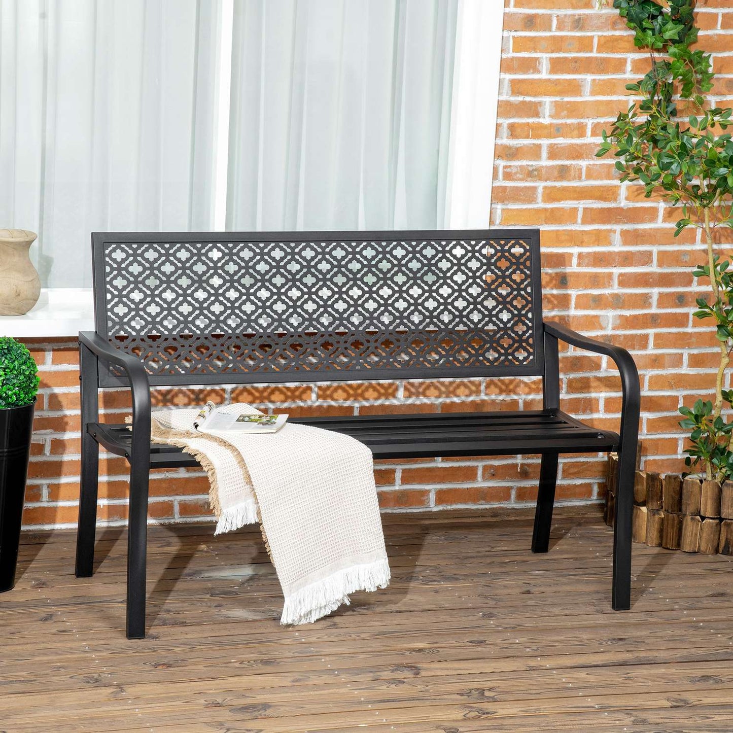 2-seater garden bench in steel with armrests, flower pattern