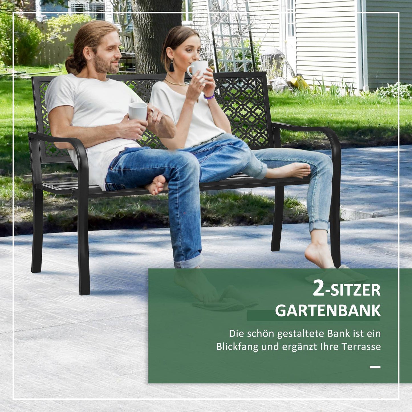 2-seater garden bench in steel with armrests, flower pattern